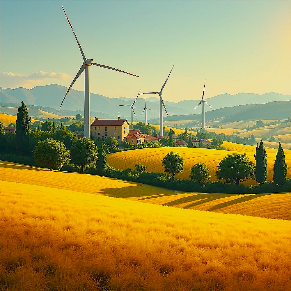 Golden Fields and Wind Turbines in Scenic Landscape