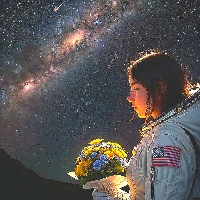 Astronaut with Flowers in Cosmic Starry Background