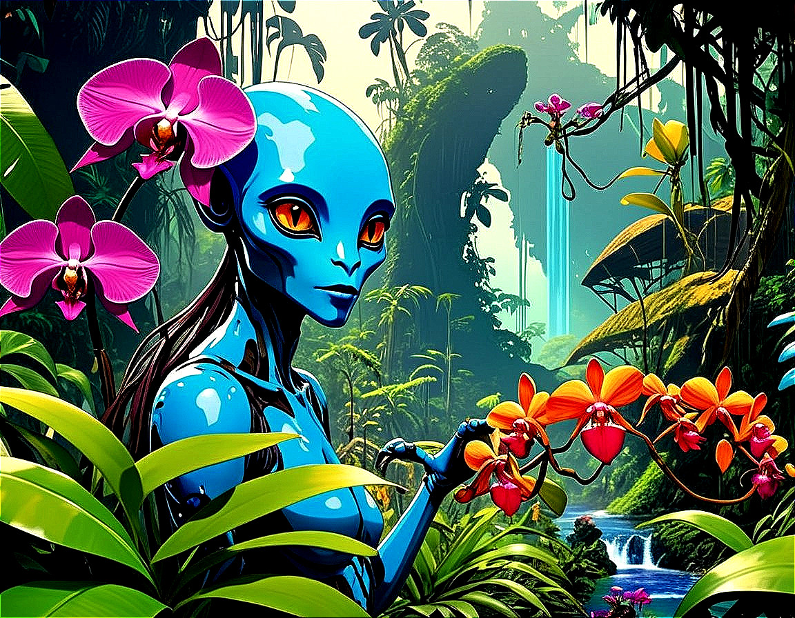Blue-Skinned Figure in a Vibrant Alien Jungle Scene