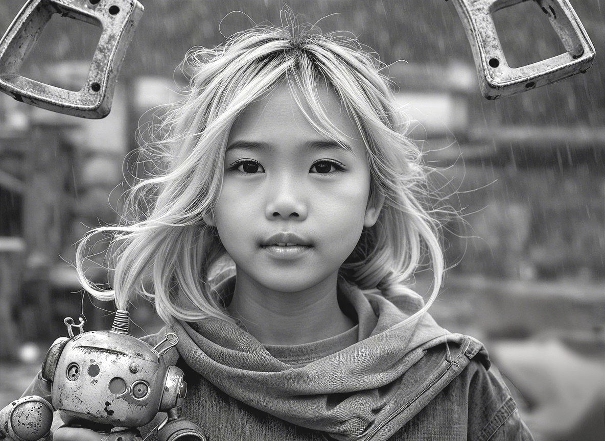 Child with Robot Toy in Black-and-White Portrait