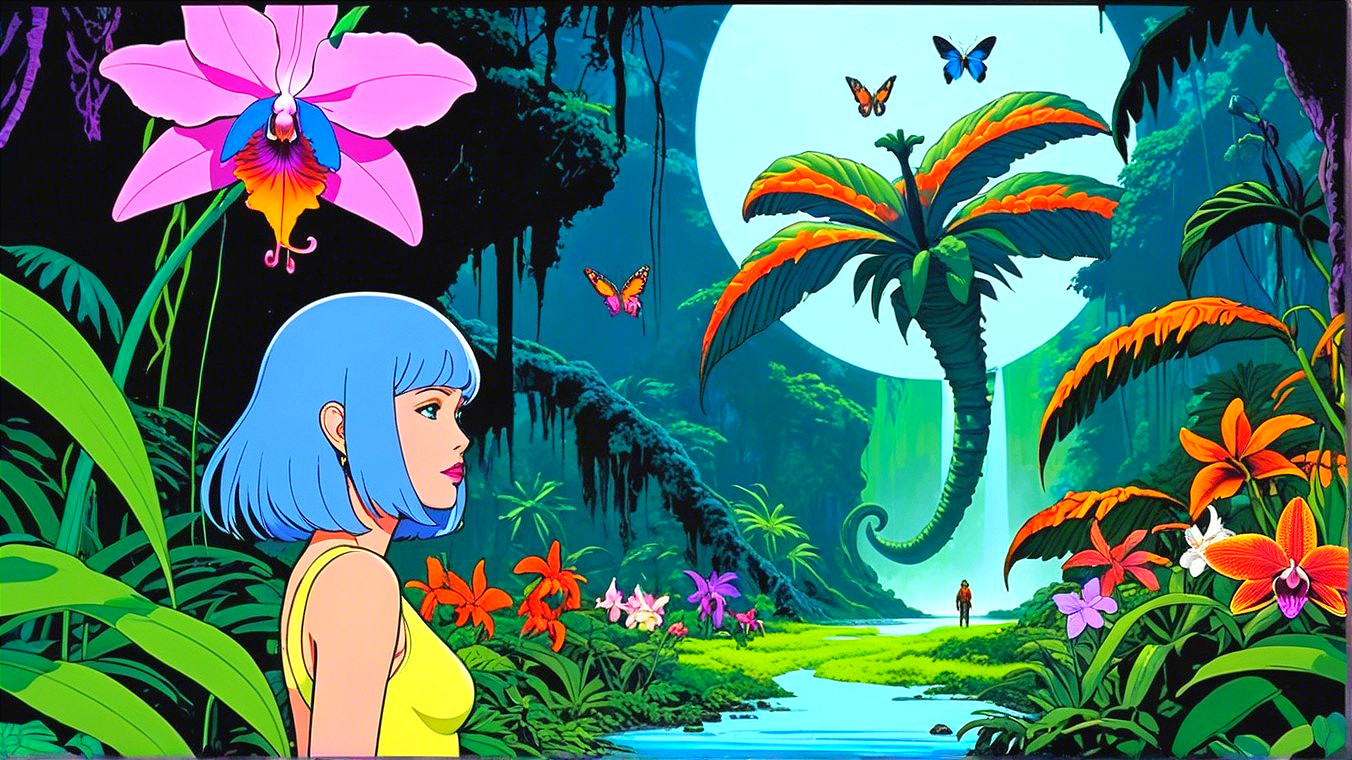 Mystical Jungle Scene with Blue-Haired Woman and Moon