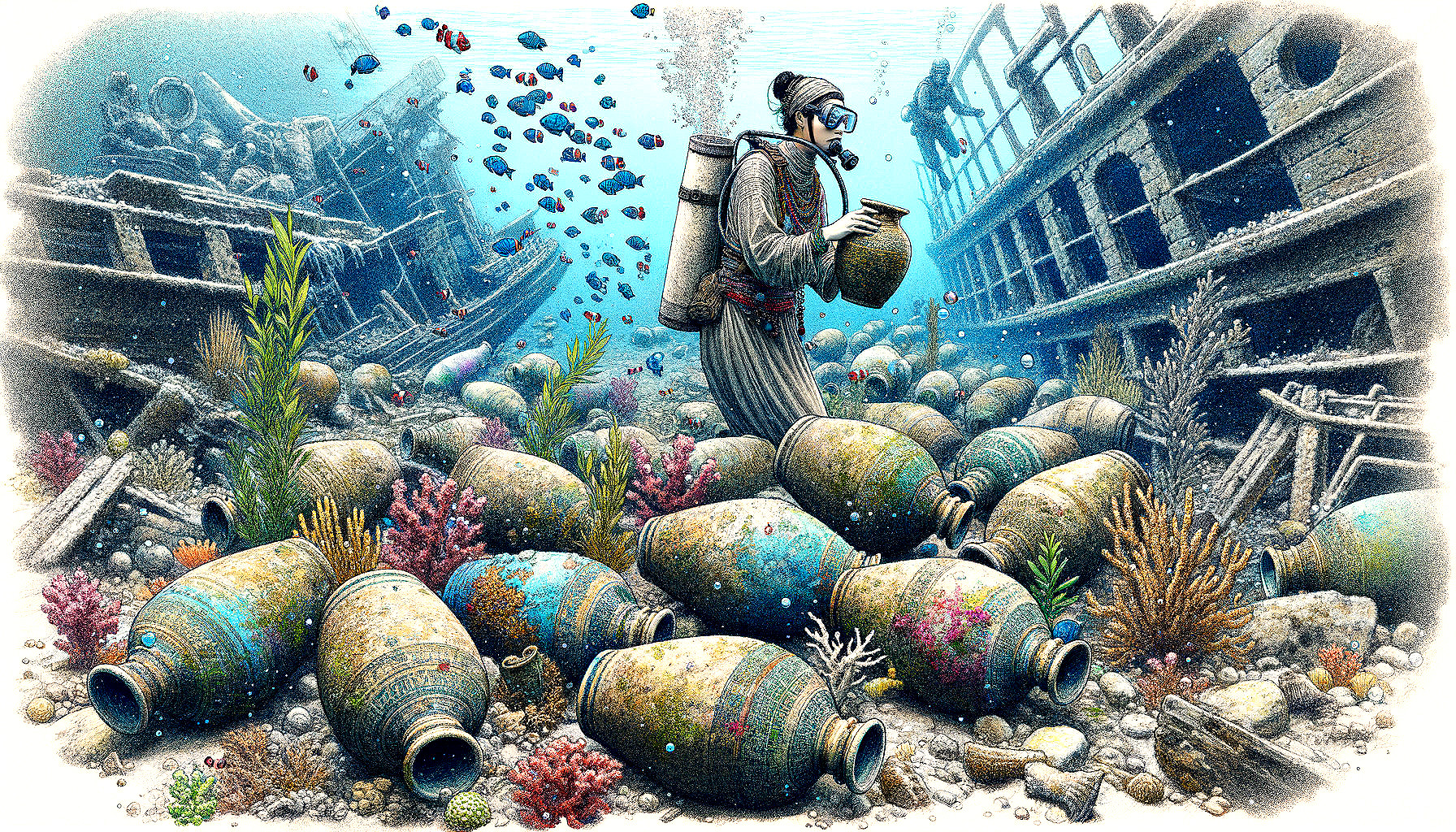 Underwater Scene with Ancient Urns and Coral Reefs