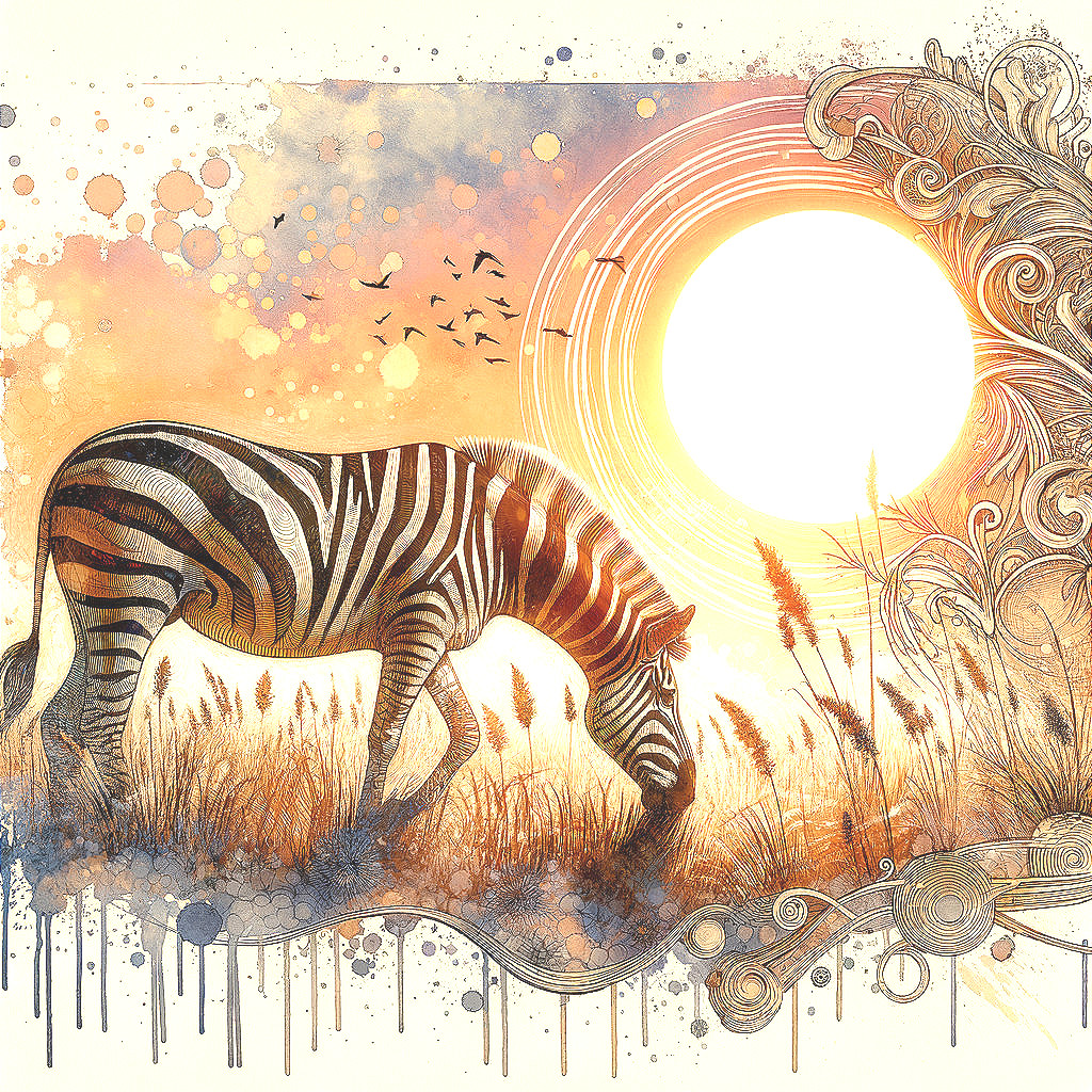 Zebra Grazing in a Sunlit Field with Vibrant Background