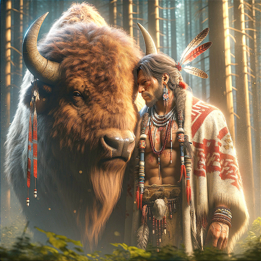 Half-Naked Man with Buffalo in Serene Forest Setting