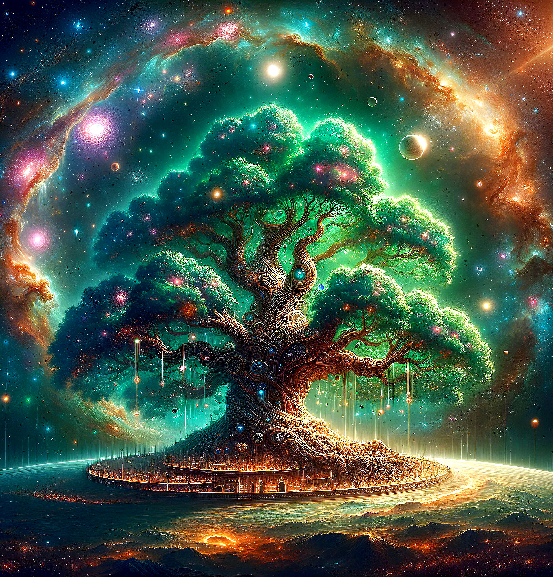 Cosmic tree amidst swirling patterns in nebulae