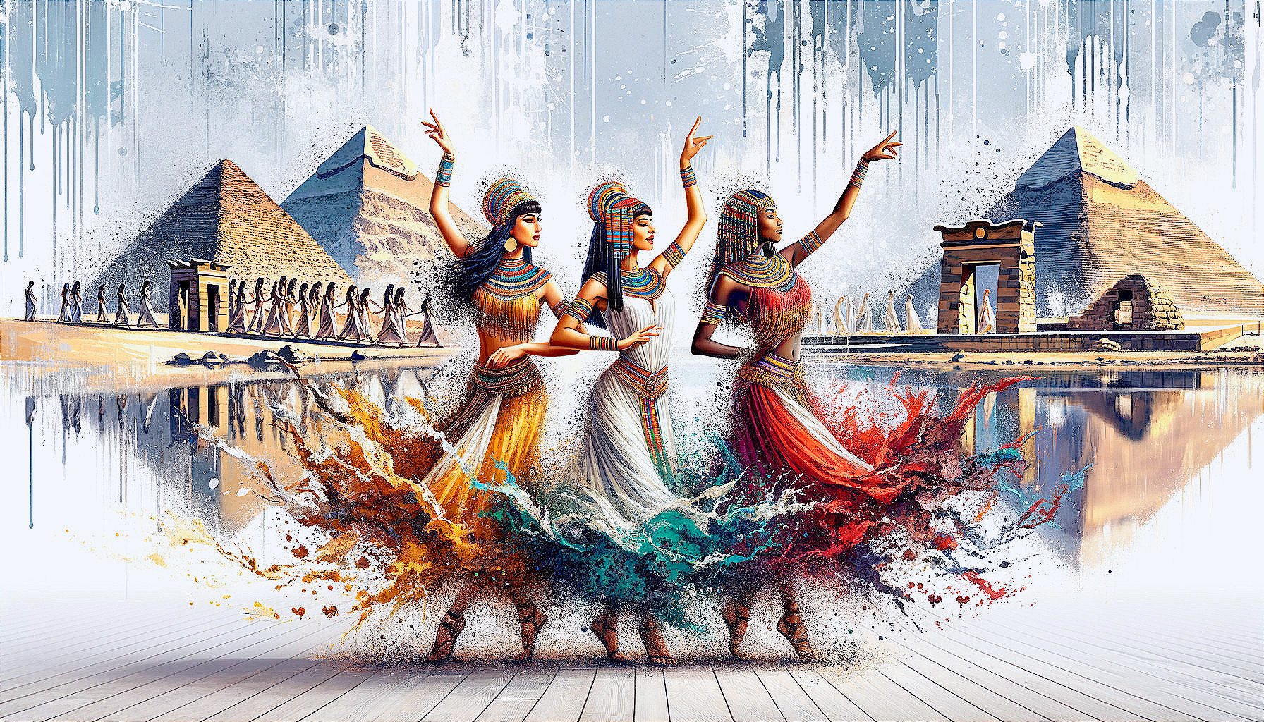 Dancers in Vibrant Costumes Before Ancient Pyramids