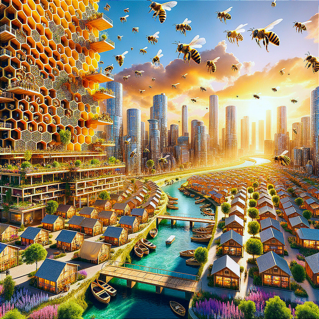 Futuristic cityscape blending nature and urban life