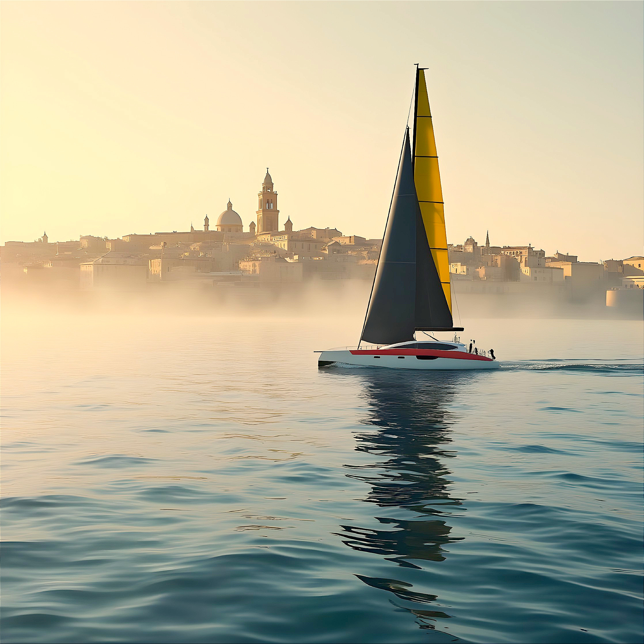 Sailboat on Calm Waters with Cityscape at Dawn