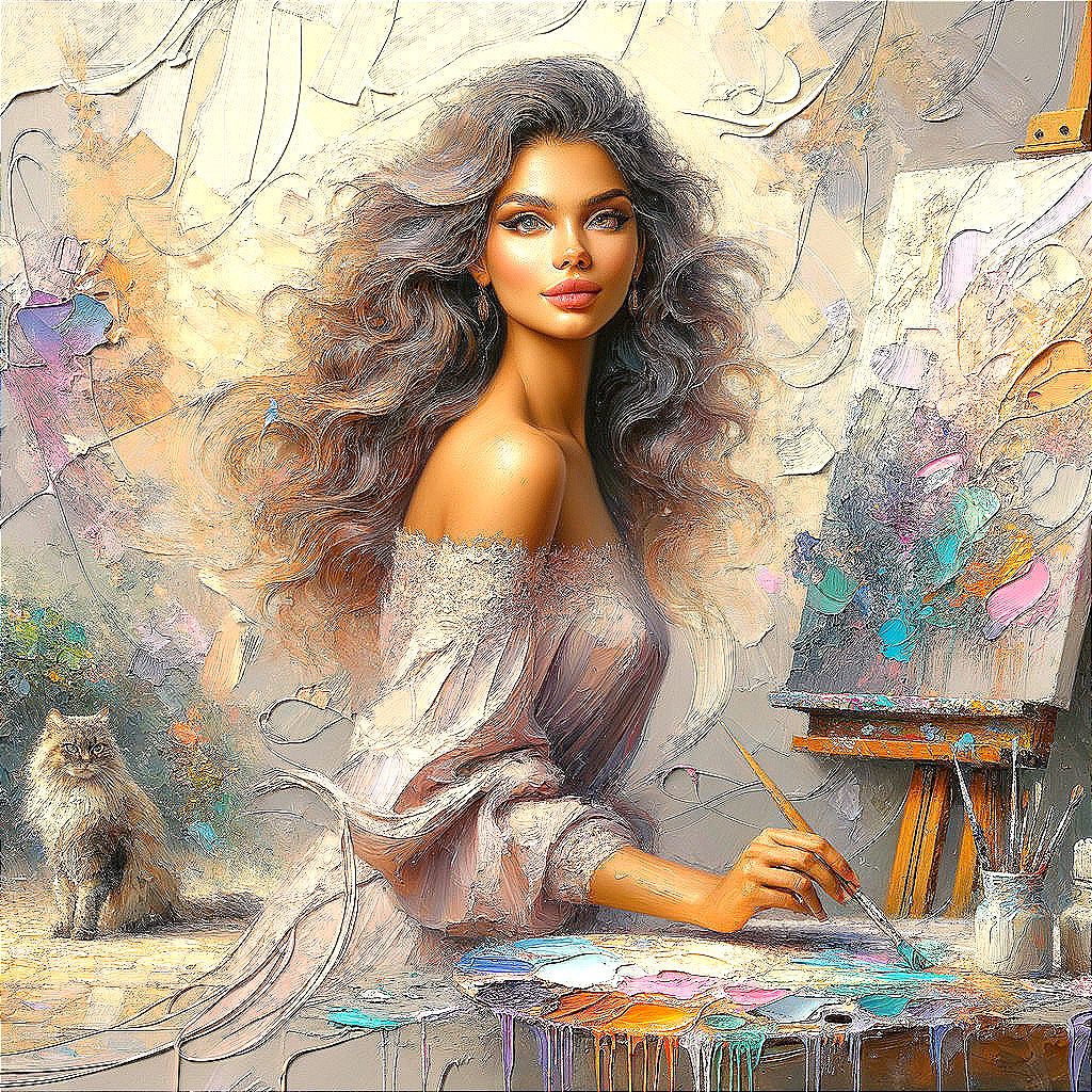 Woman with Paintbrush and Cat in Artistic Setting