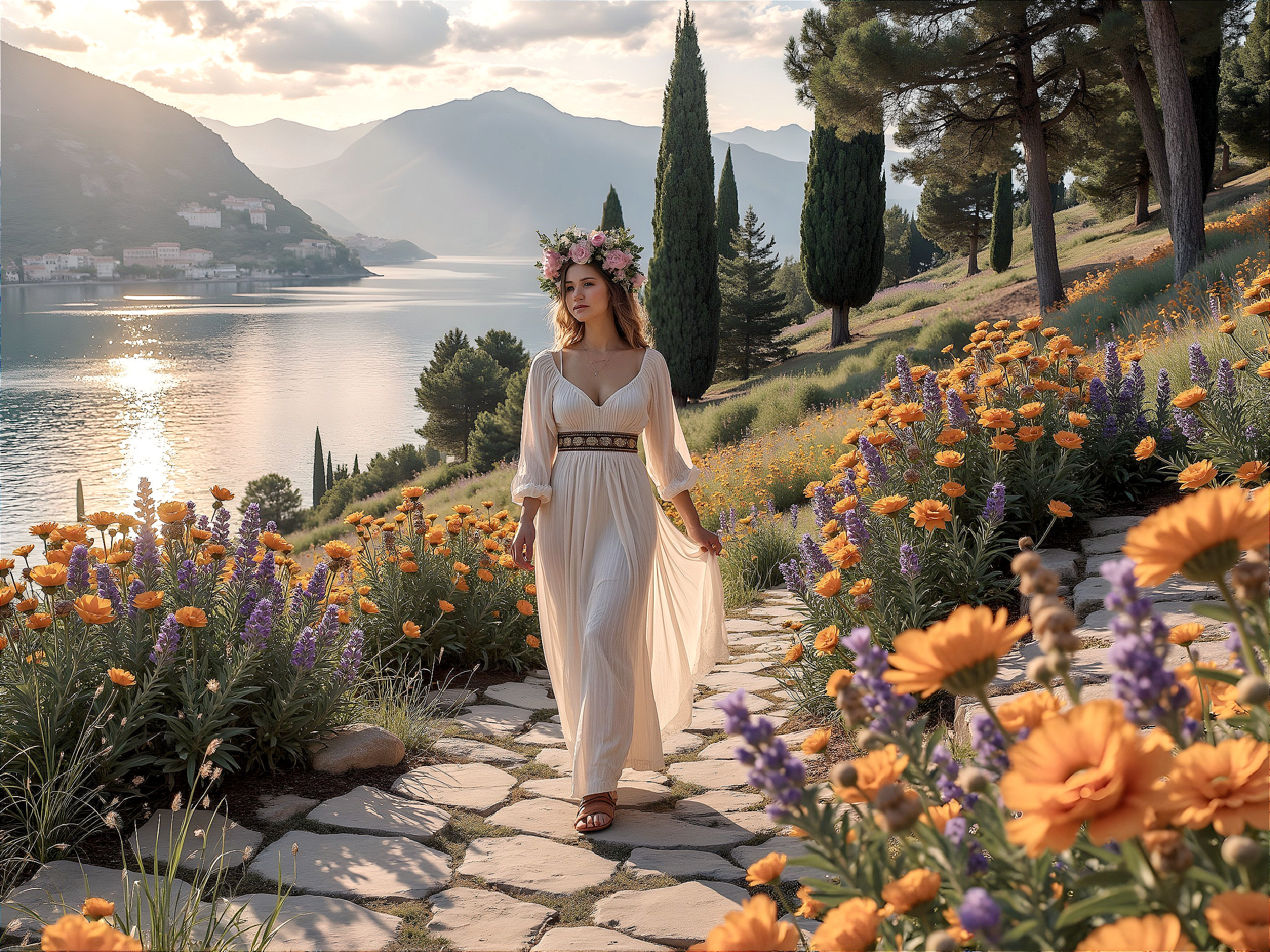 Young woman in white dress by lake at sunset