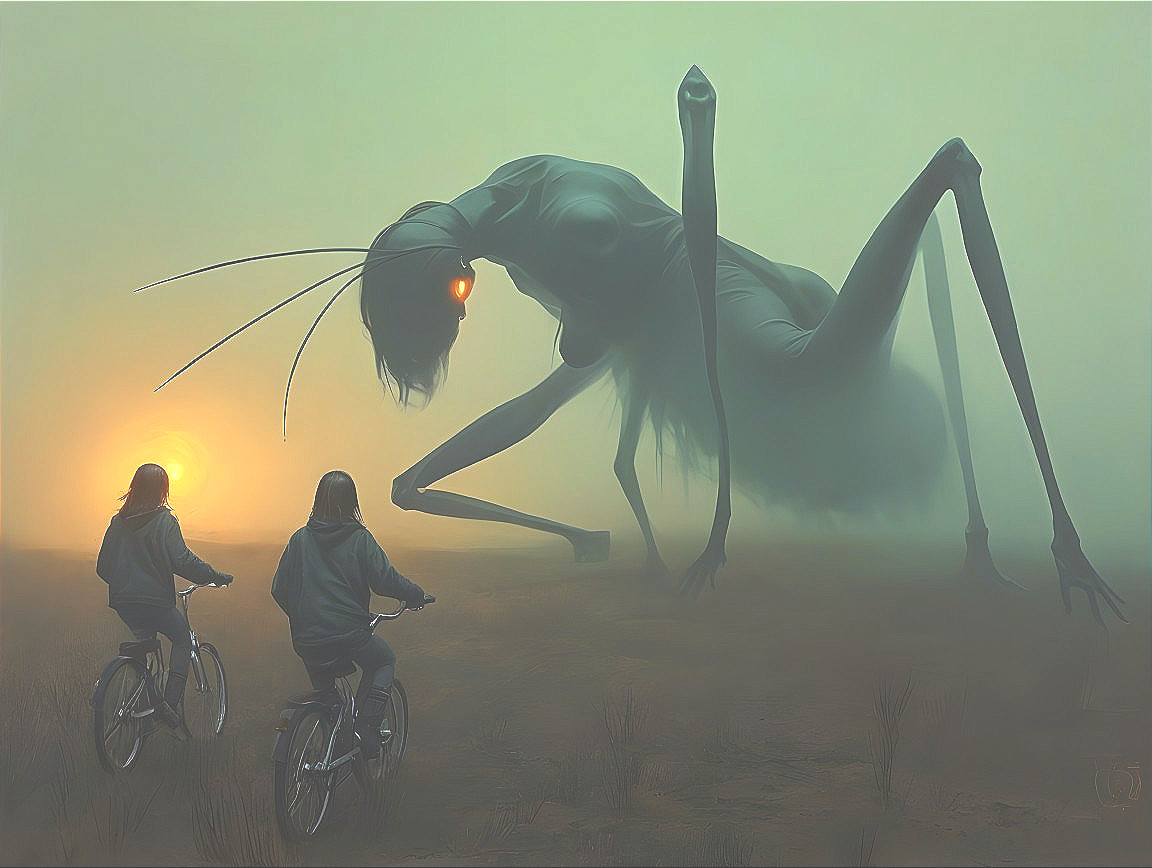 Children Biking in a Foggy Landscape with Giant Creature