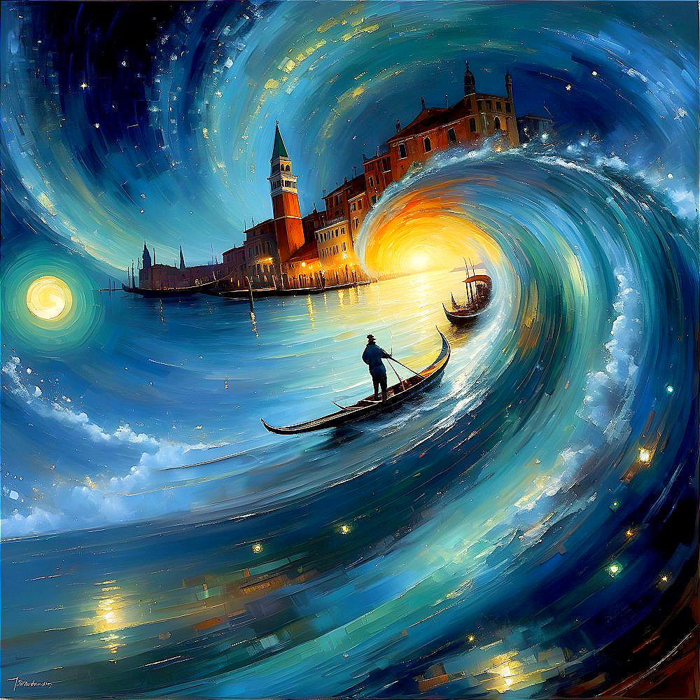 Vibrant Venetian Landscape with Gondolier and Sunset