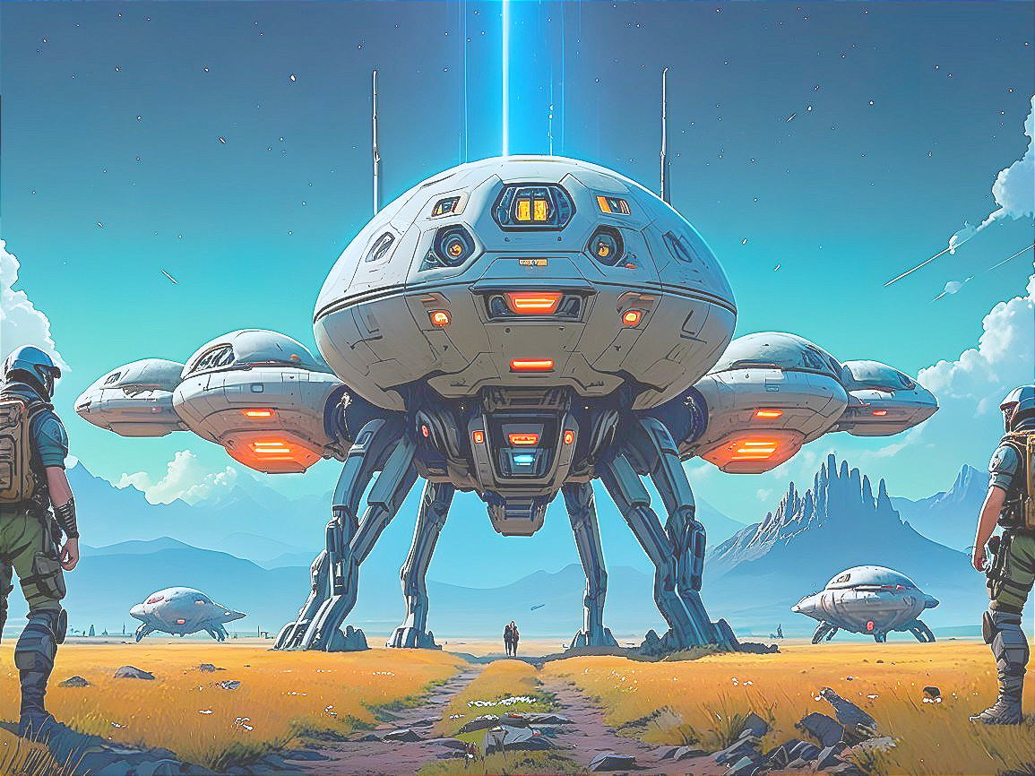 Futuristic Landscape with Robotic Spacecraft and Figures