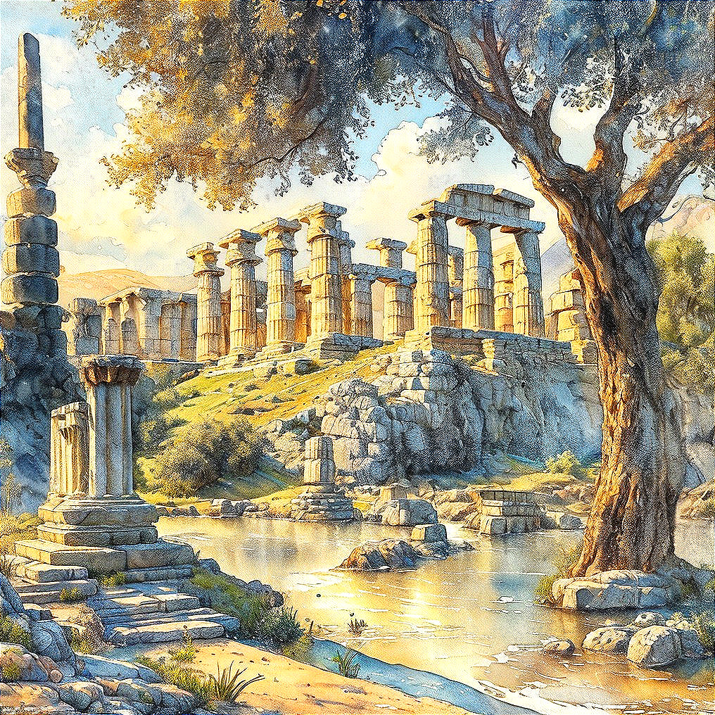 Ancient Ruins in Lush Green Landscape with Stream