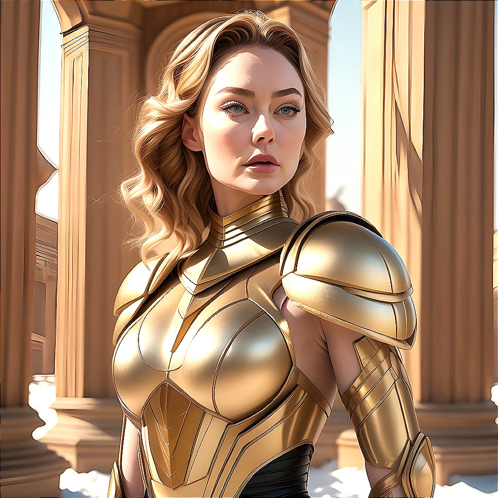 Golden Armor Character Against Classical Architecture