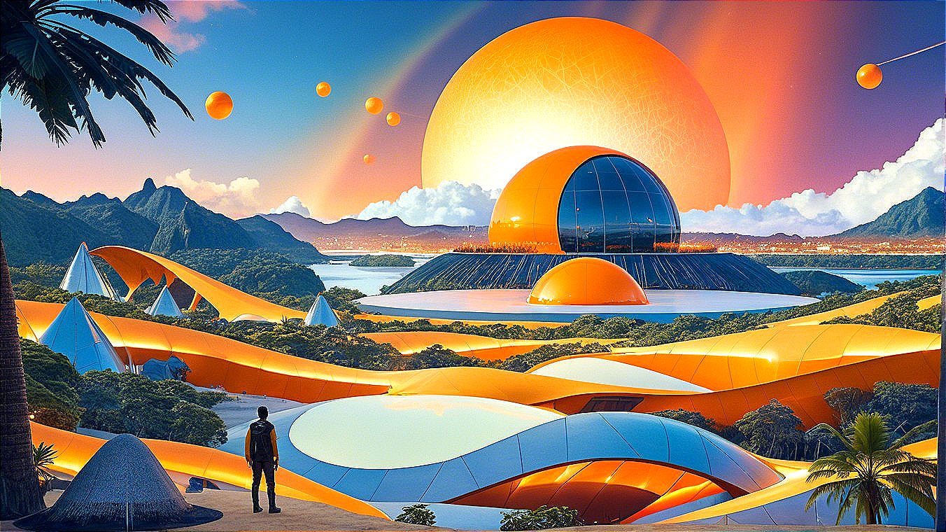 Futuristic landscape with glowing spheres and mountains