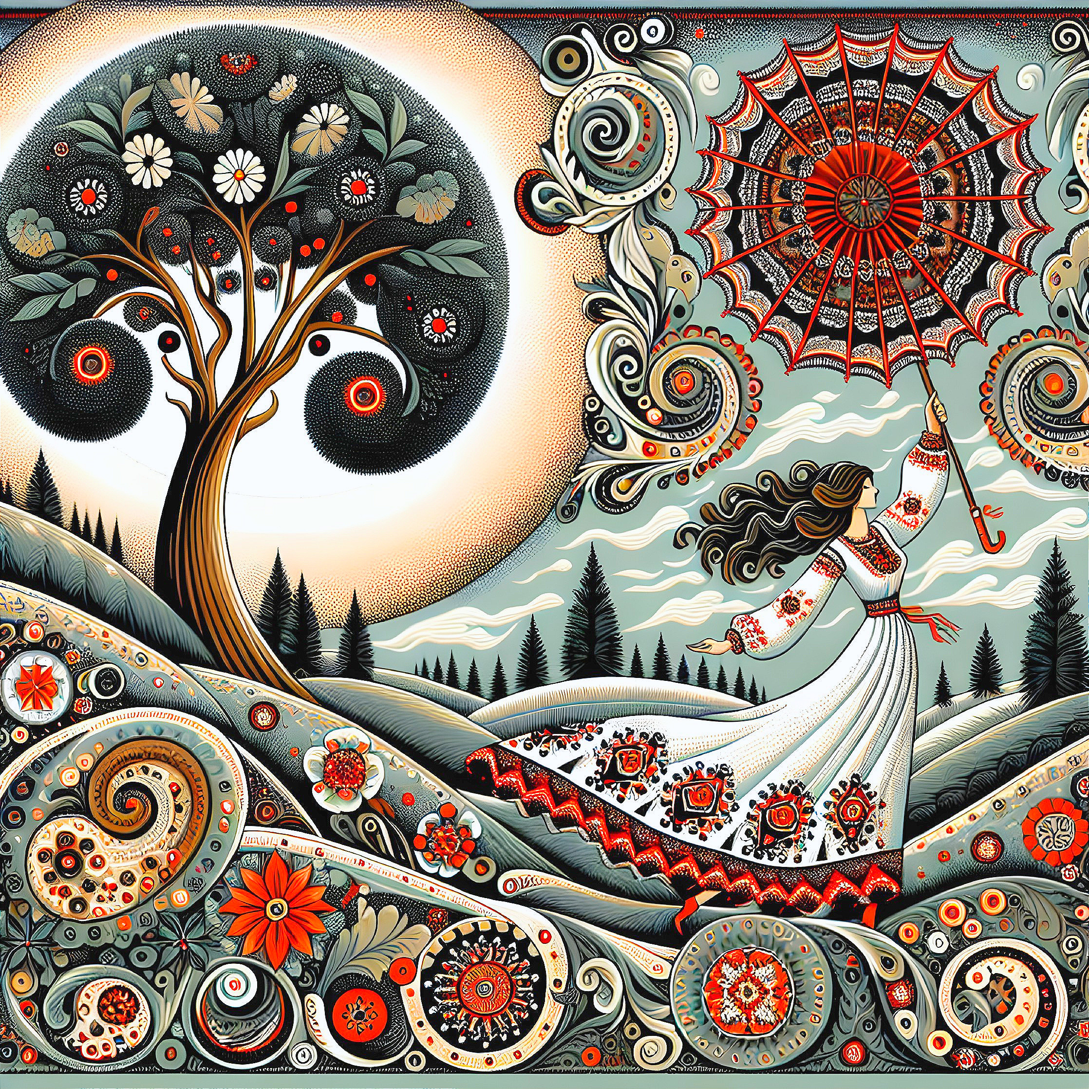 Whimsical Landscape with Woman and Vibrant Umbrella