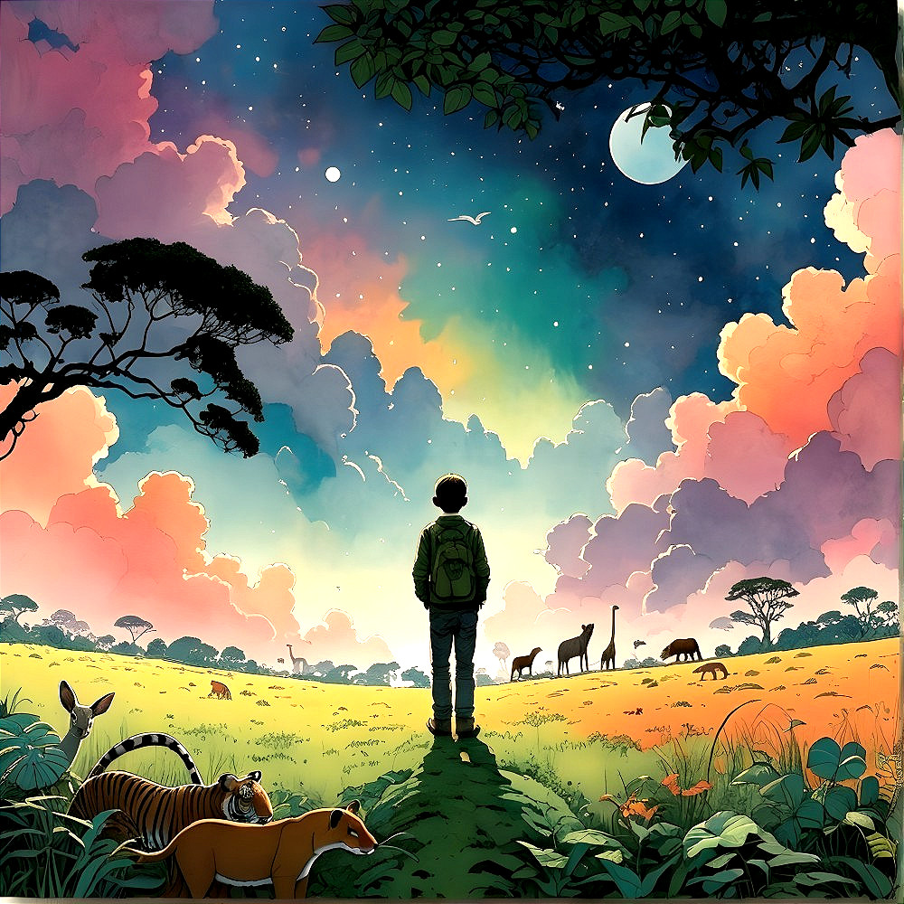 Young boy on hill with animals under colorful sky