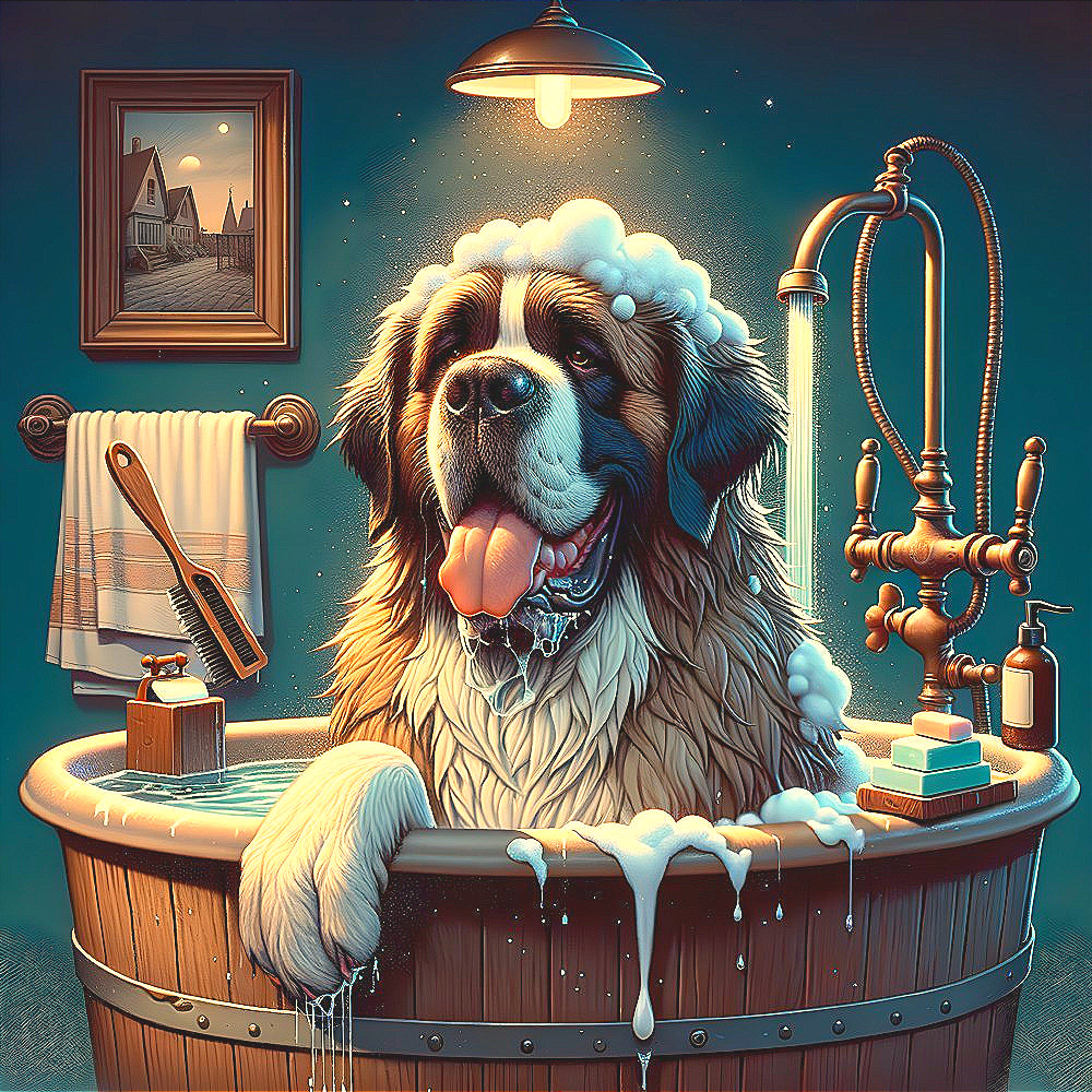 Saint Bernard dog bathes in wooden tub with suds and lamp, cozy house scene in background