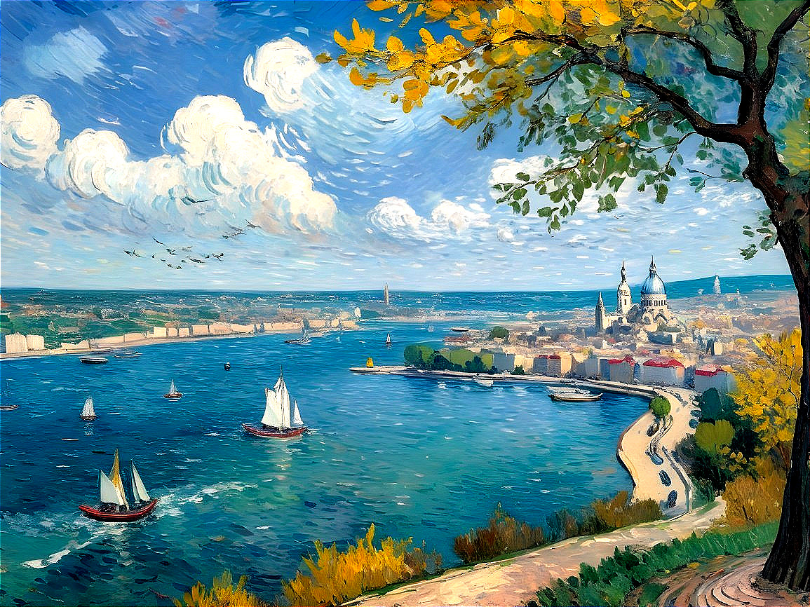 Vibrant Riverside Painting with Autumn Landscape Elements