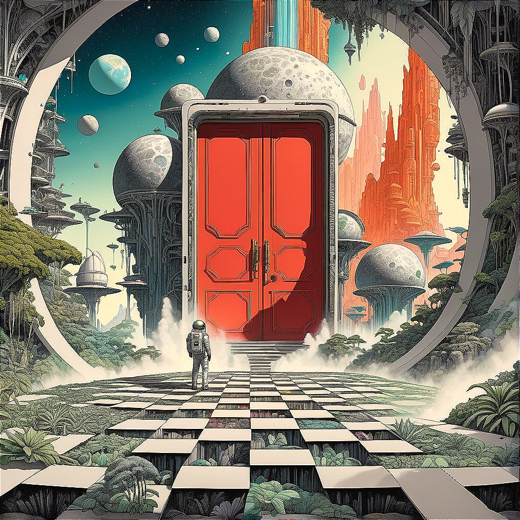Surreal Landscape with Red Door and Floating Planets