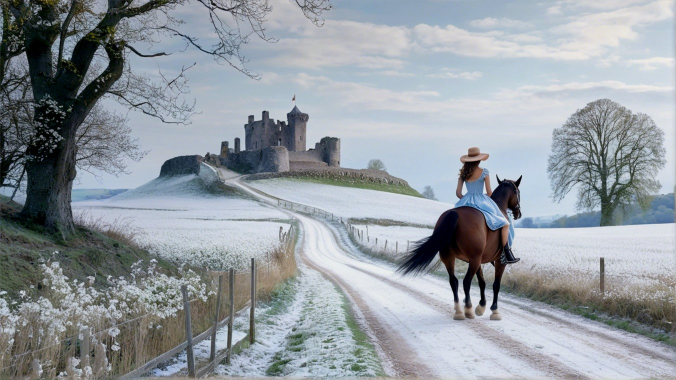 Winter Landscape with Rider and Castle in Distance