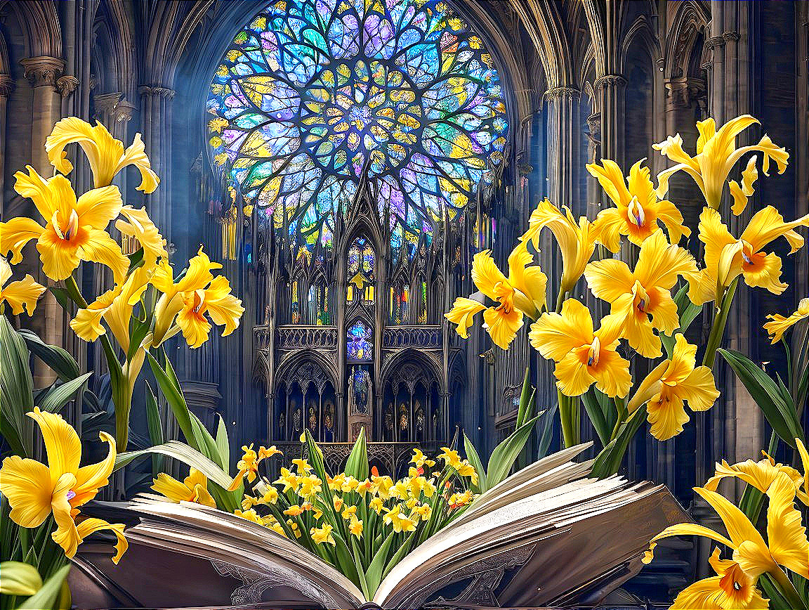 Illuminated Cathedral Interior with Stained Glass Window