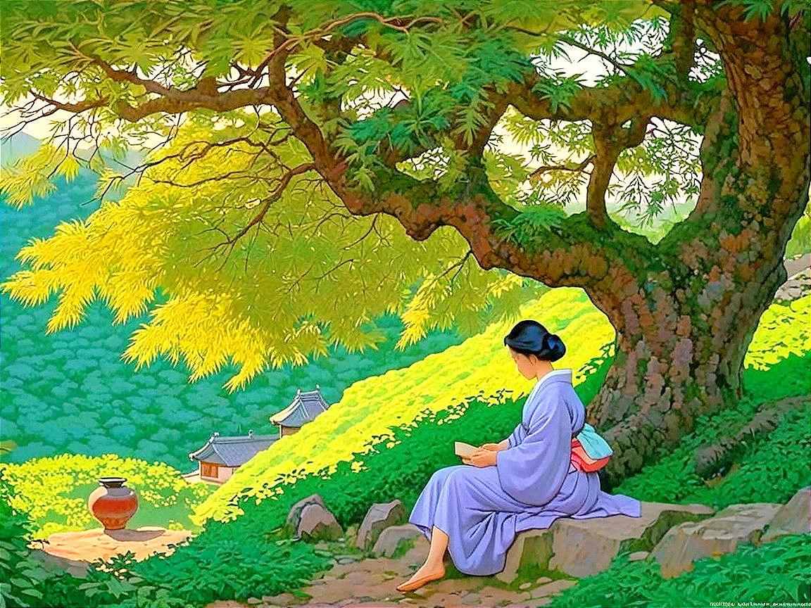 Serene landscape with woman in kimono reading under tree