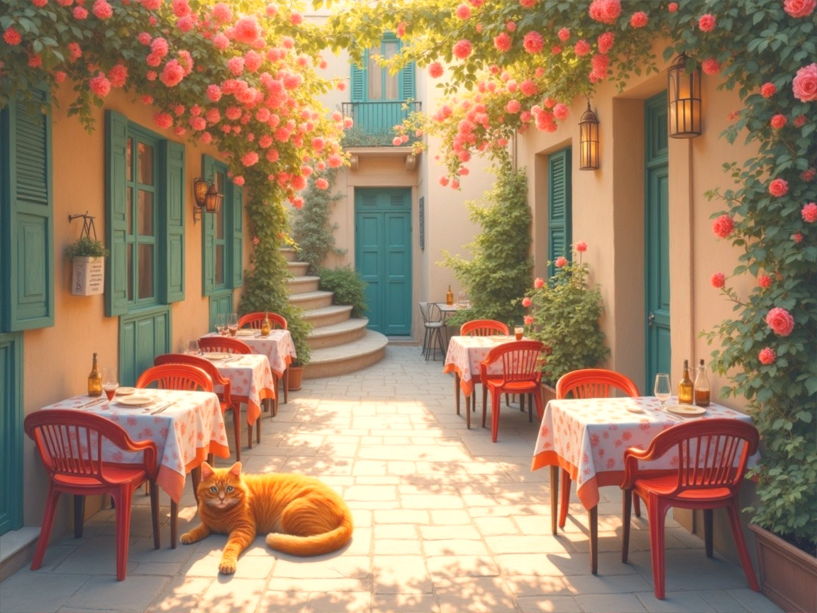 Charming courtyard cafe with red furniture and roses