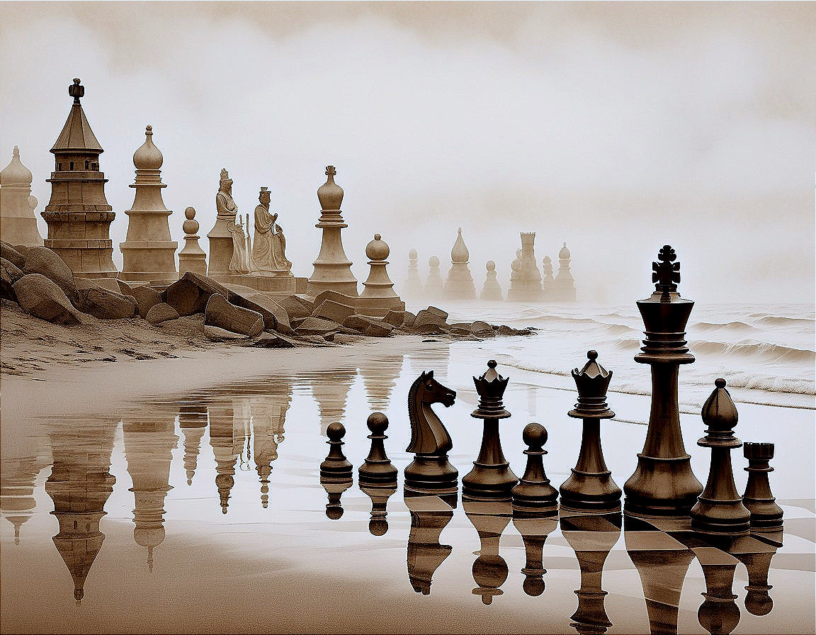 Surreal Chessboard Beach Landscape with Fog and Reflections