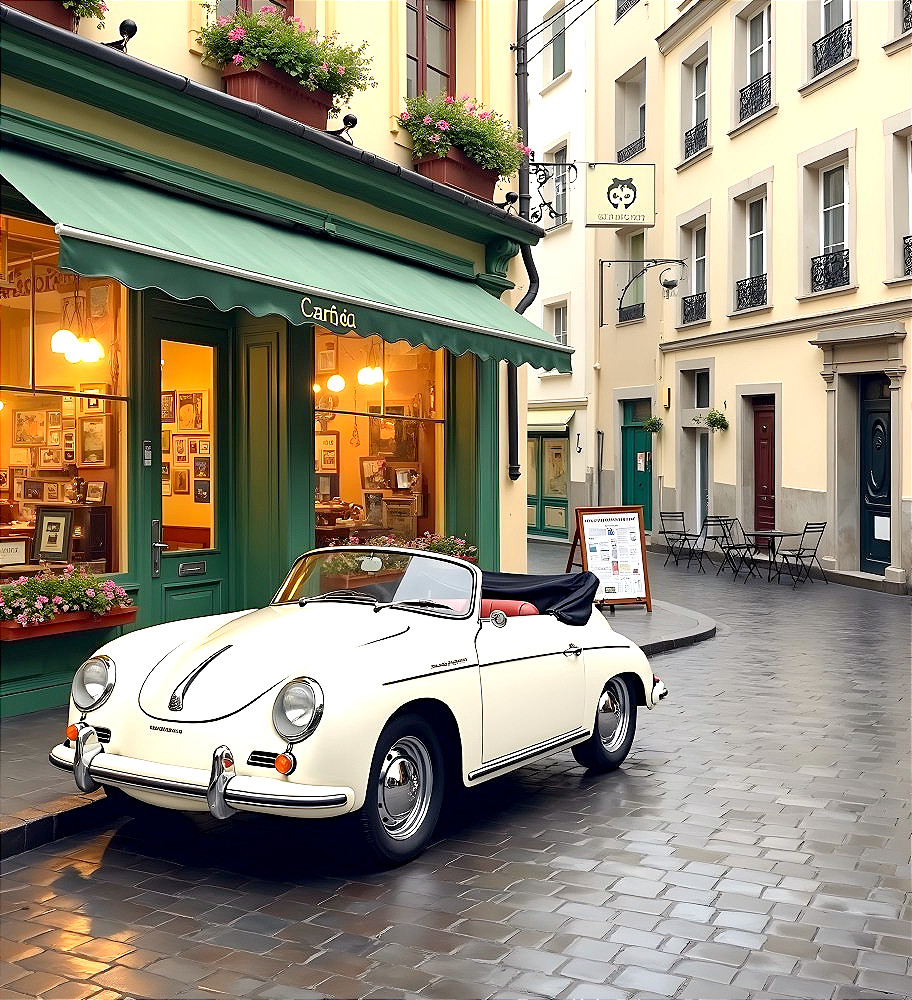 Classic White Convertible in Quaint European Street
