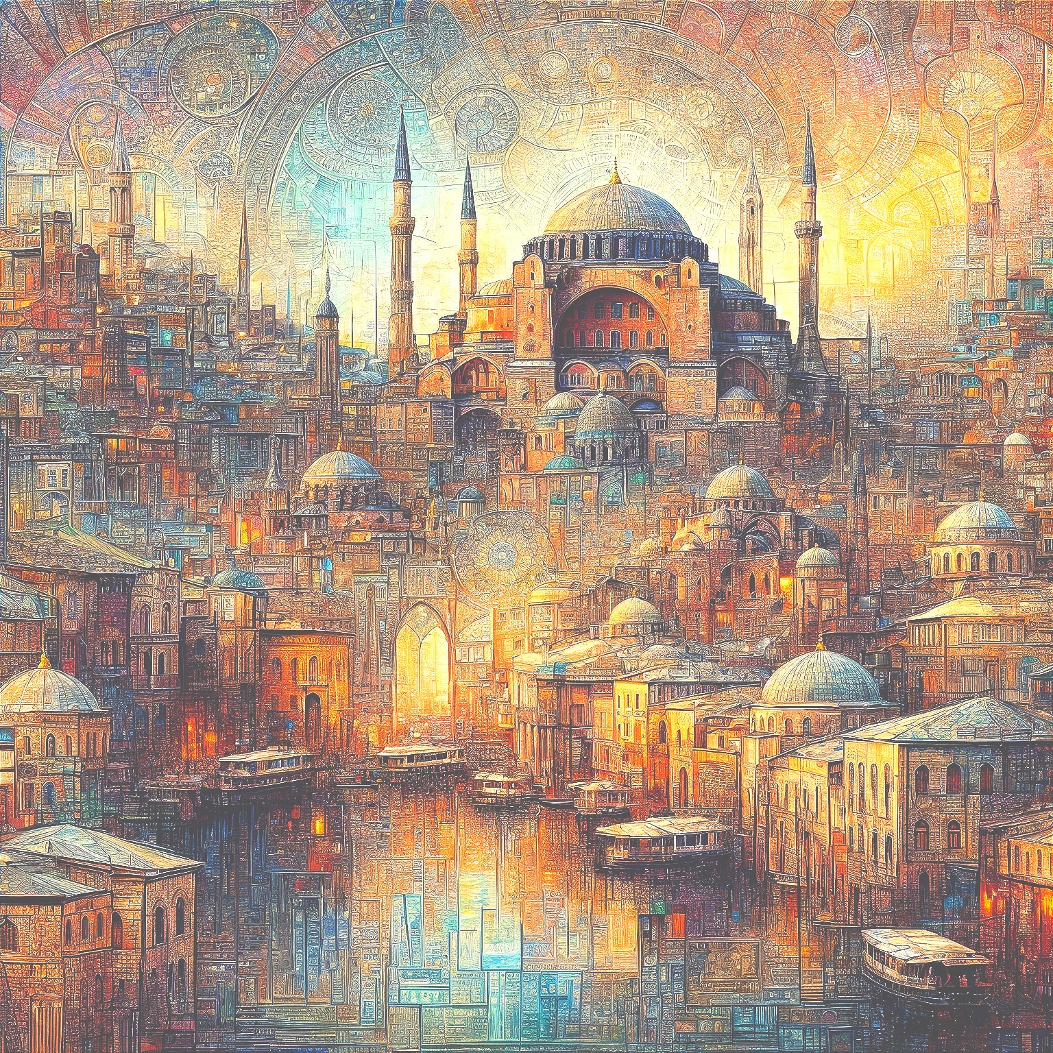 Vibrant Dreamlike Cityscape with Grand Mosque Design