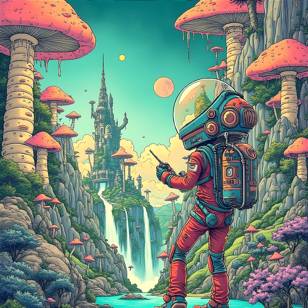 Astronaut in a Vibrant Landscape with Castle and Moons