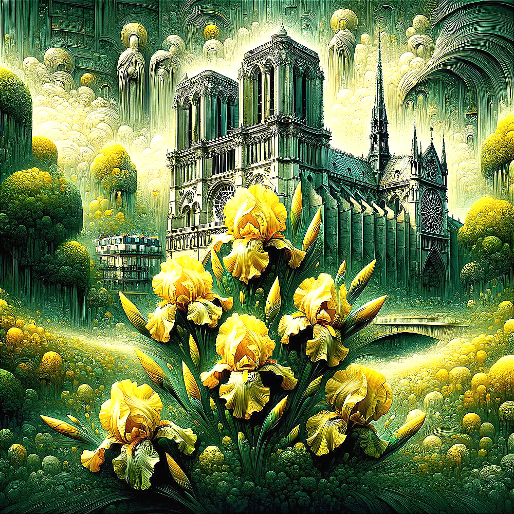 Surreal Landscape with Cathedral and Yellow Irises