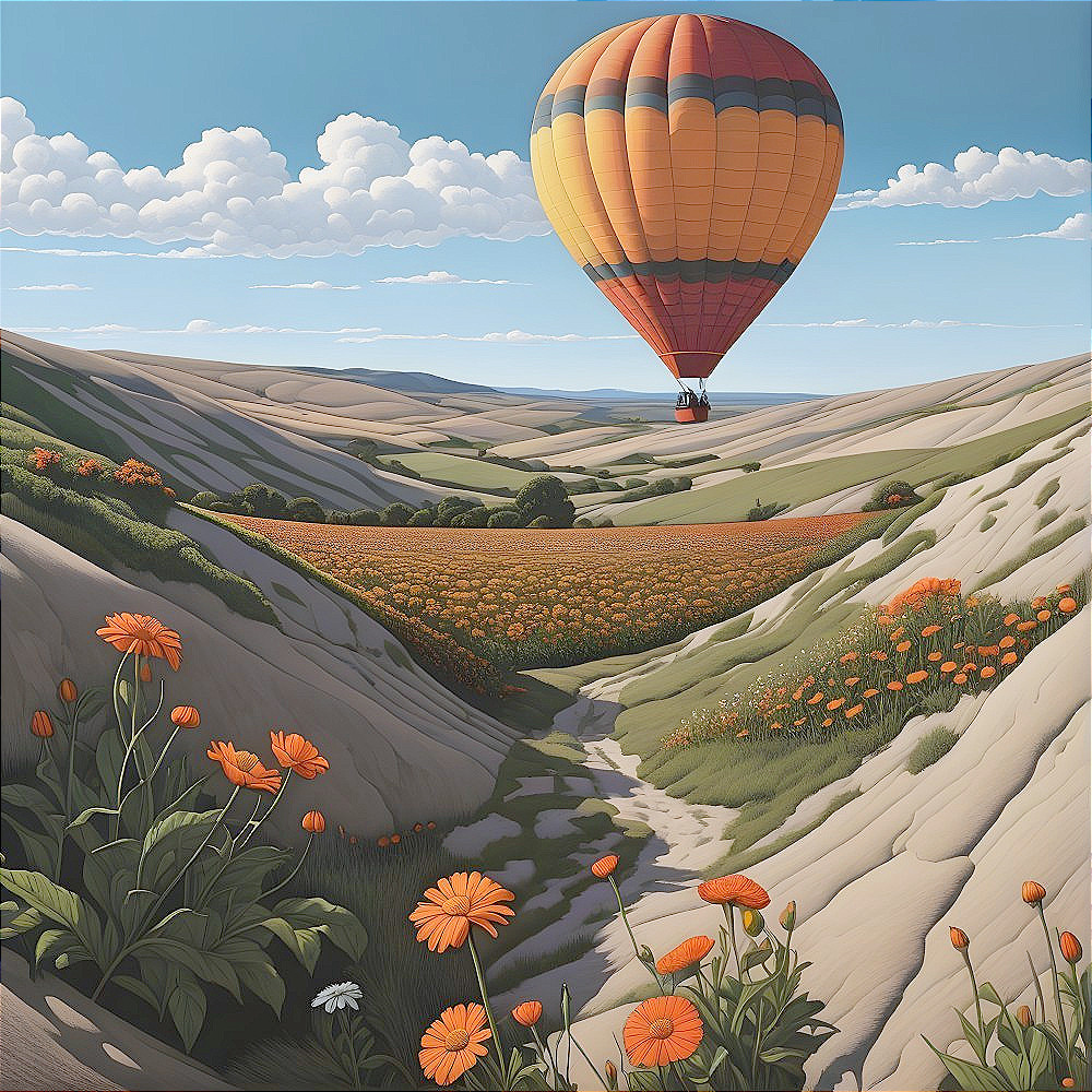 Vibrant Landscape with Hills and Hot Air Balloon