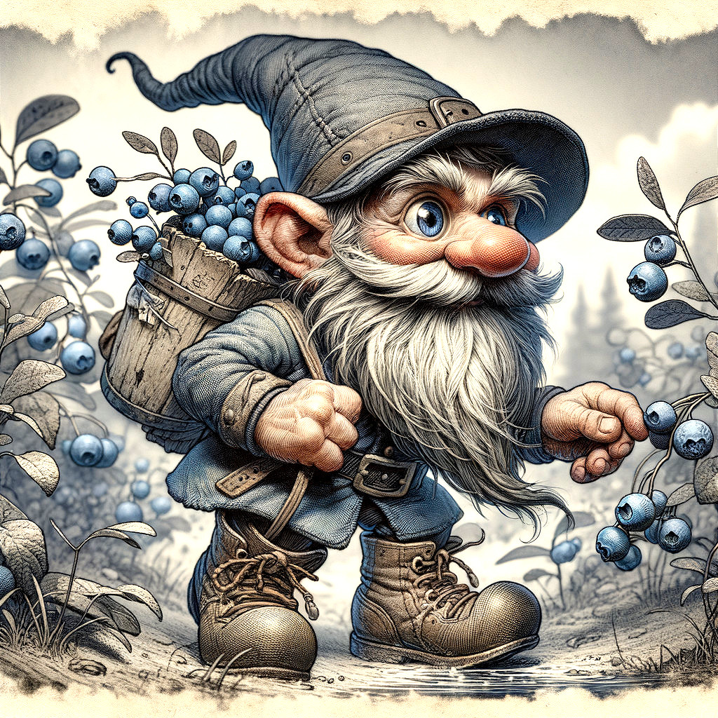 Whimsical Gnome Picking Blueberries in a Forest
