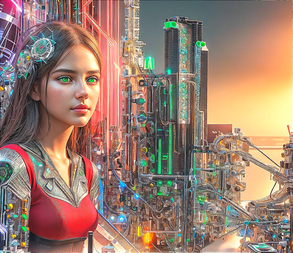Futuristic Female Figure in Vibrant Cityscape