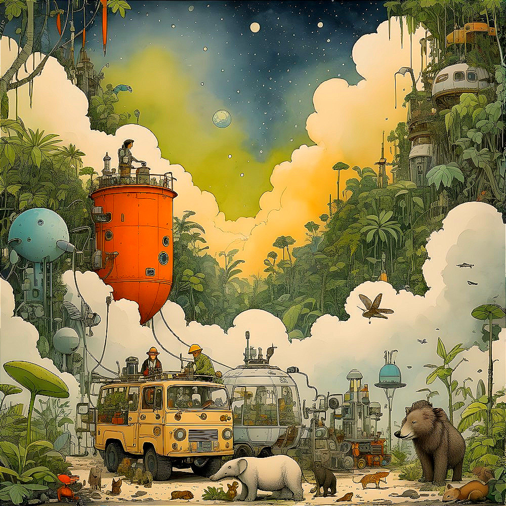 Imaginative Landscape with Greenery and Futuristic Elements