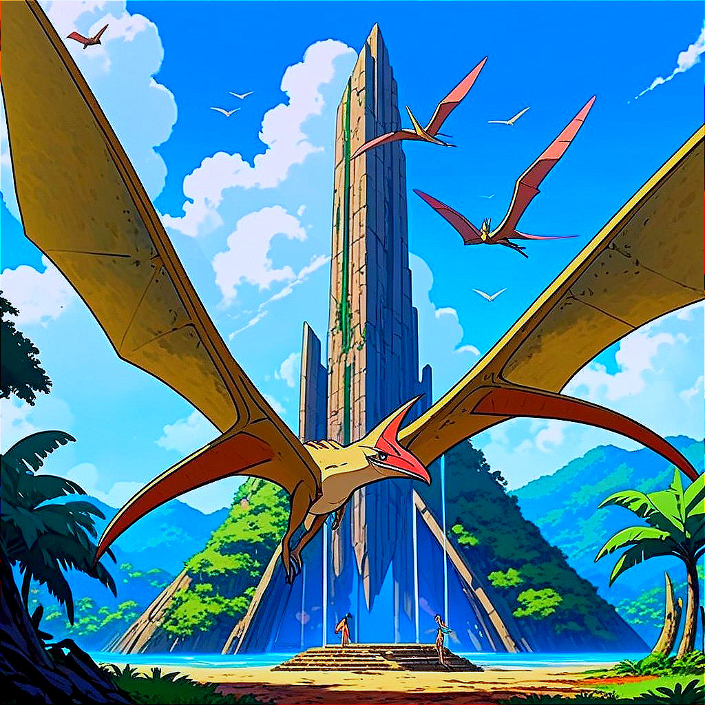 Lush Landscape with Pterosaurs and Futuristic Tower