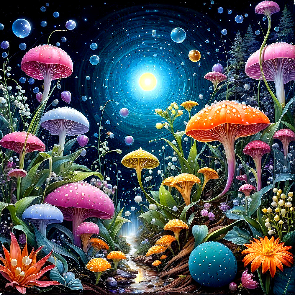 Surreal Landscape with Colorful Oversized Mushrooms