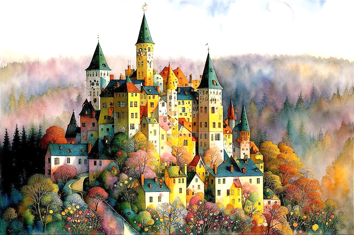 Whimsical Castle on Colorful Hillside with Gardens
