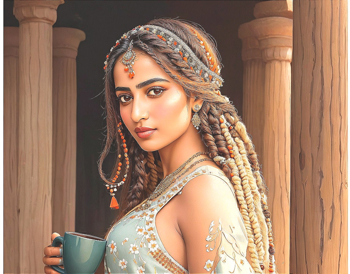 Woman with Styled Hair and Elegant Outfit Holding Cup