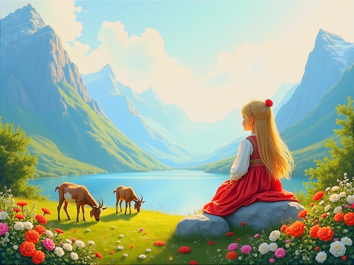 Serene Landscape with Girl, Goats, and Tranquil Lake