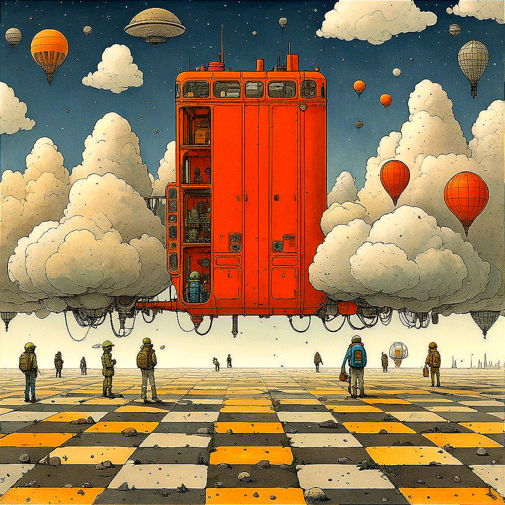Surreal Landscape with Red Structure and Hot Air Balloons