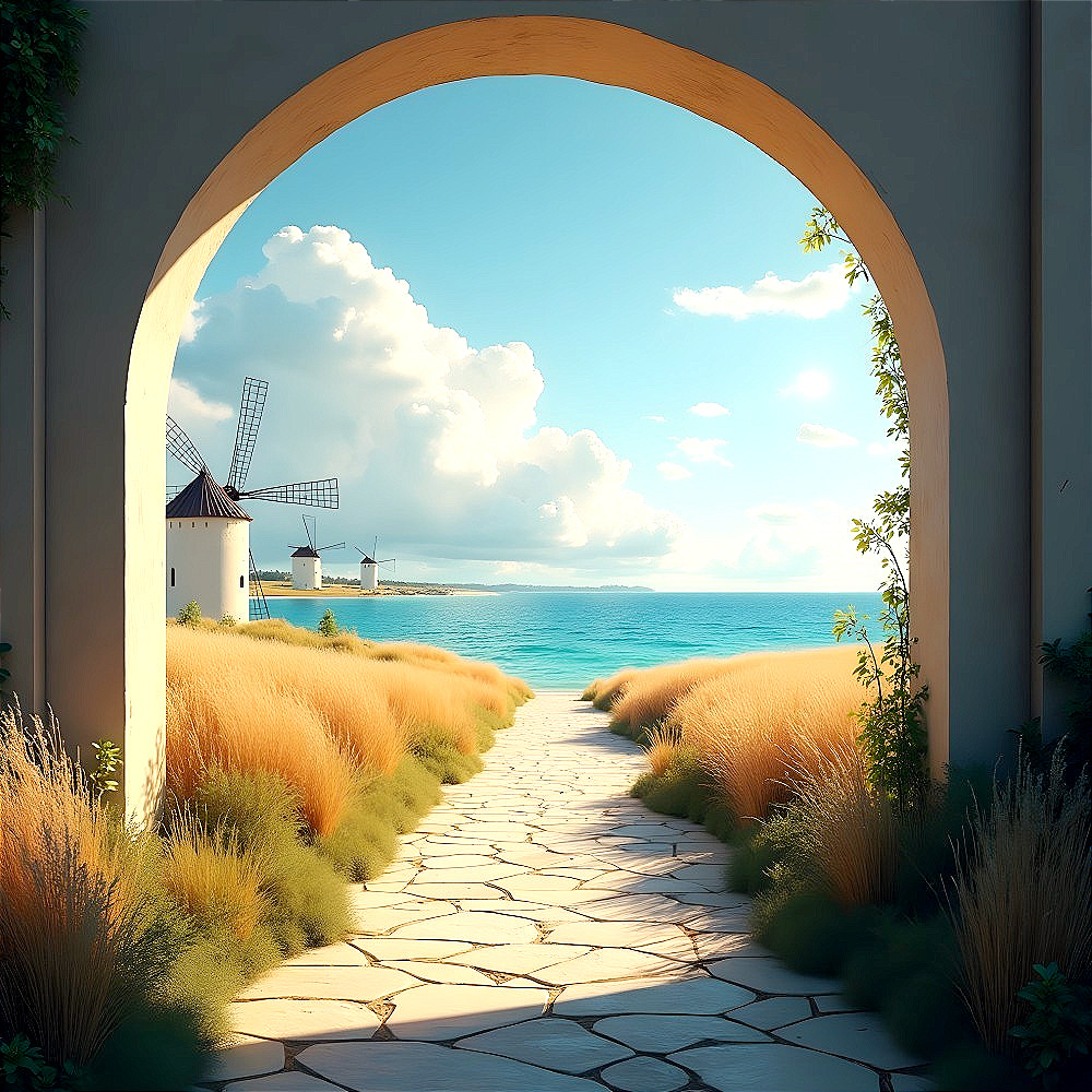 Pathway Through Archway to Scenic Seascape and Windmills