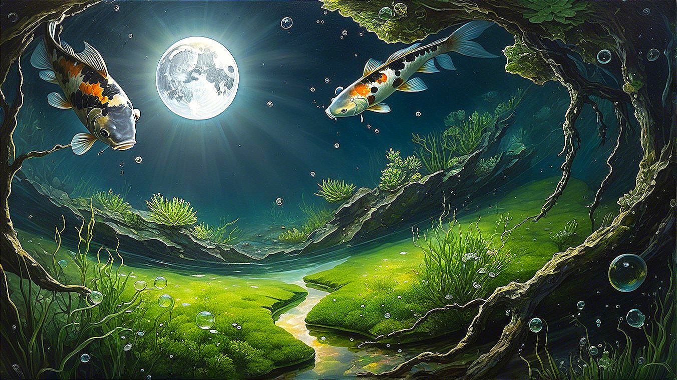 Underwater Scene with Koi Fish and Full Moonlight
