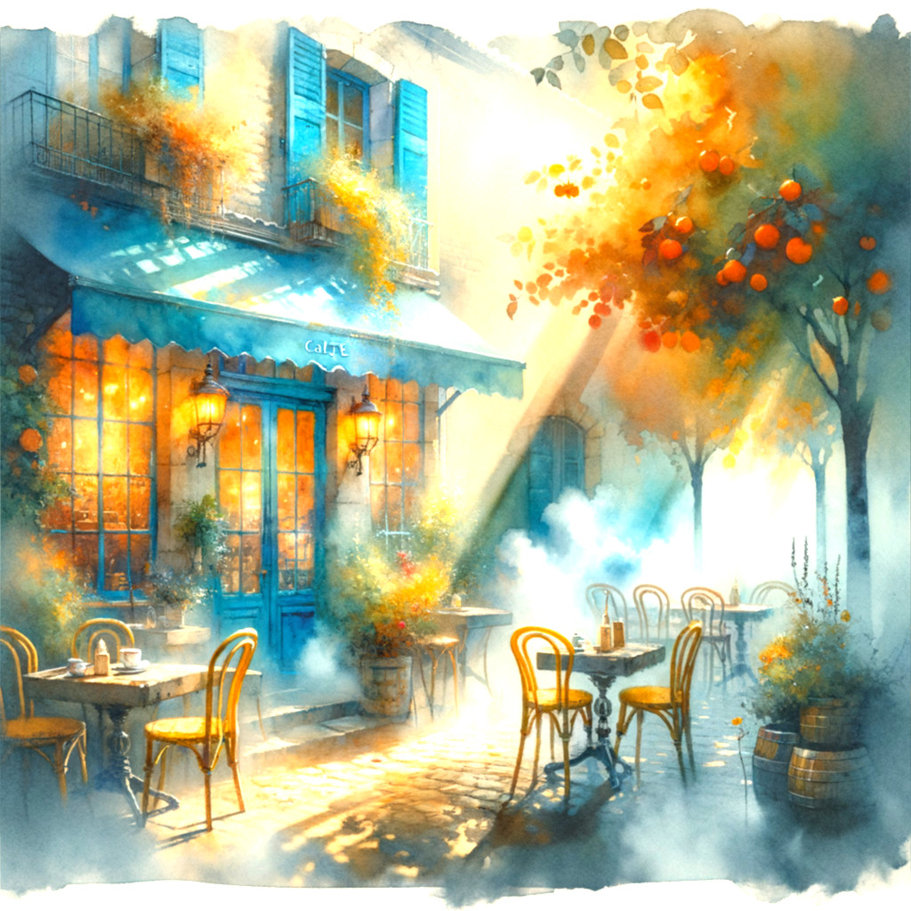 Charming Café Scene with Warm Light and Nature Elements