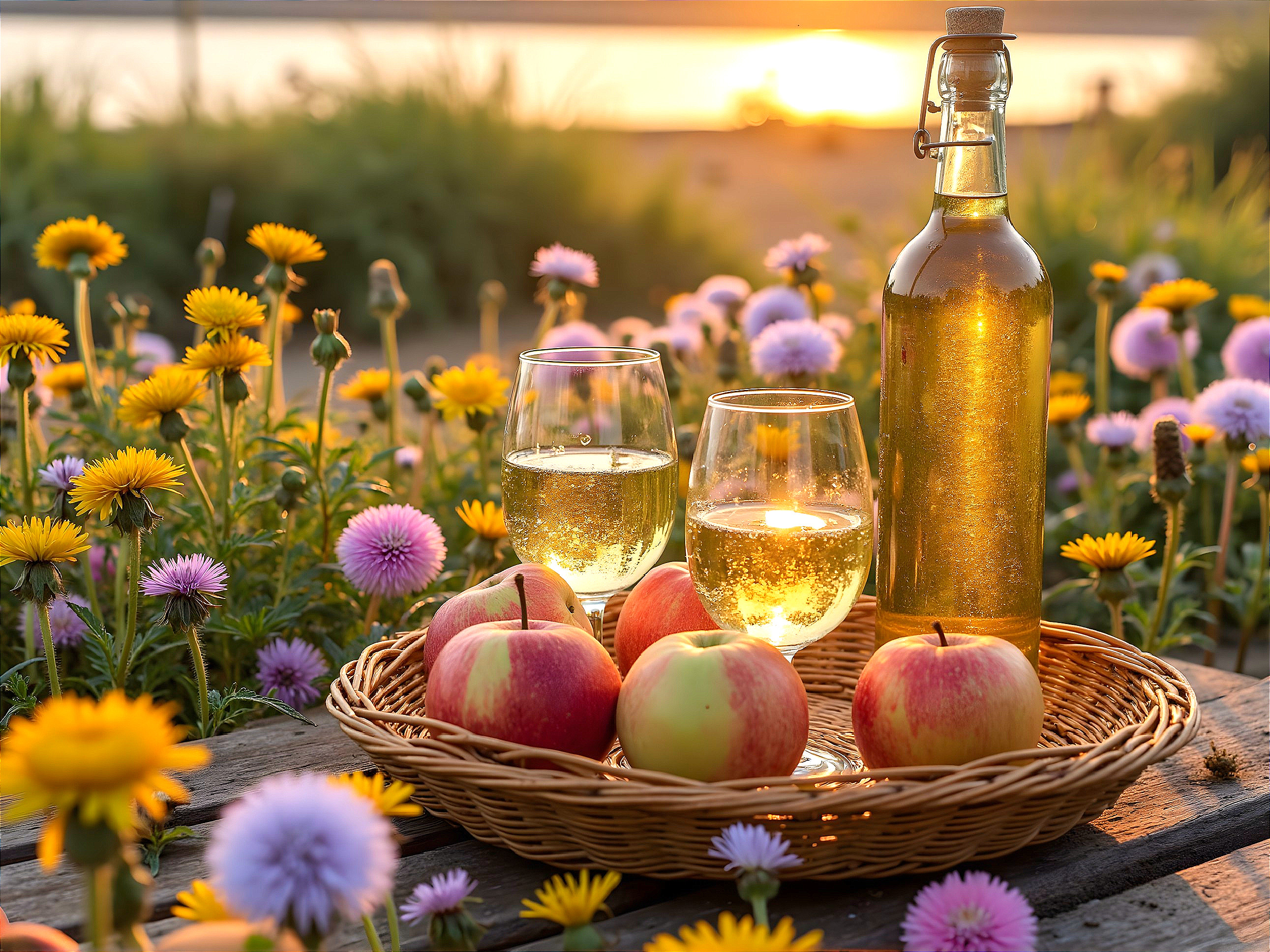 Sunset Outdoor Scene with Drinks and Fresh Apples