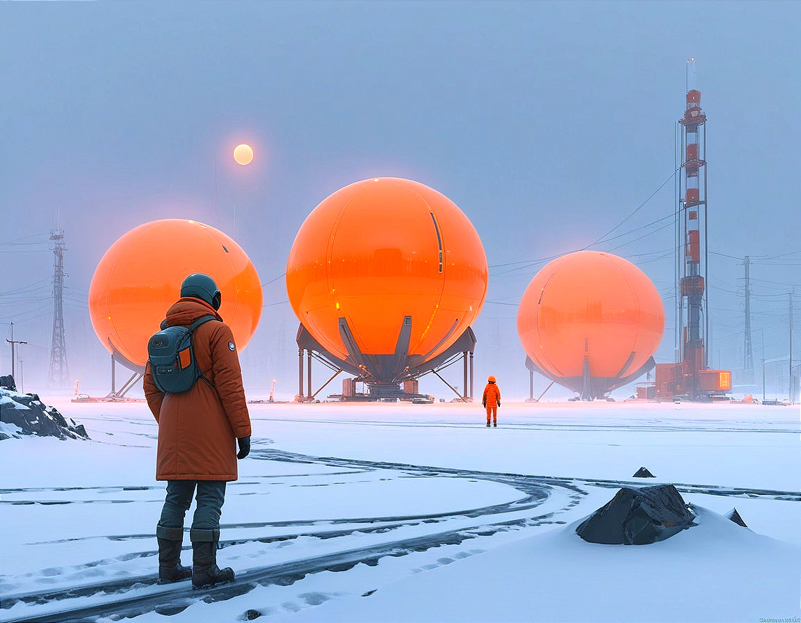 Misty Snow-Covered Landscape with Futuristic Spheres