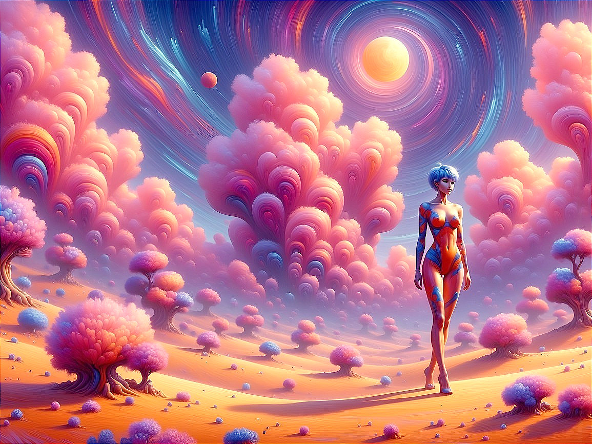 Surreal Landscape with Vibrant Clouds and Futuristic Figure